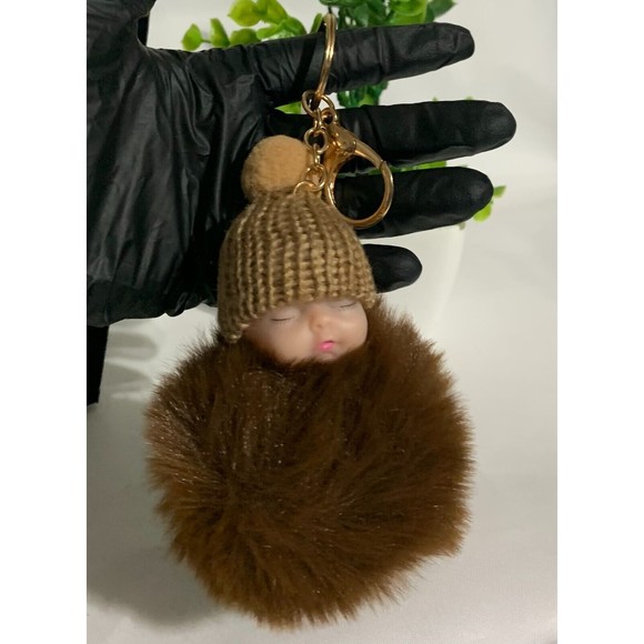 Cute Sleeping Baby  Fur Ball Hat Plush Doll Pendent Unisex Key Chain - Picture 7 of 8